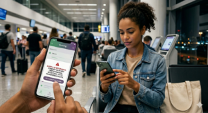 Mulher usando o Wi-Fi no aeroporto. (Imagem Ilustrativa)