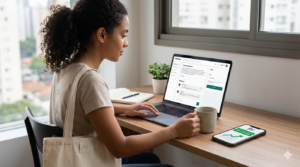 Uma mulher administrando seus ganhos de renda extra trabalhando de casa. (Foto: Pexels)