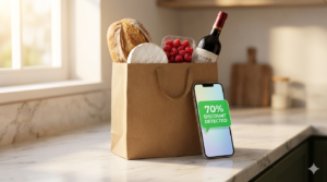 Sacola de mercado com o celular mostrando o máximo de desconto. (Foto: Ilustrativa)