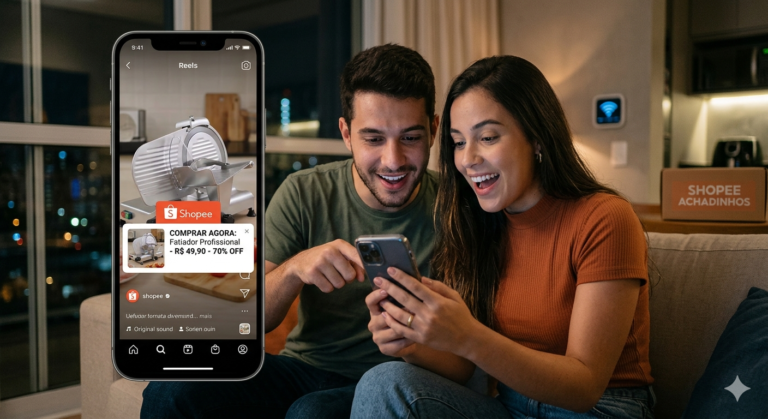 Afiliado Shopee: Casal olhando o facebook com achadinhos. (Foto Ilustrativa)