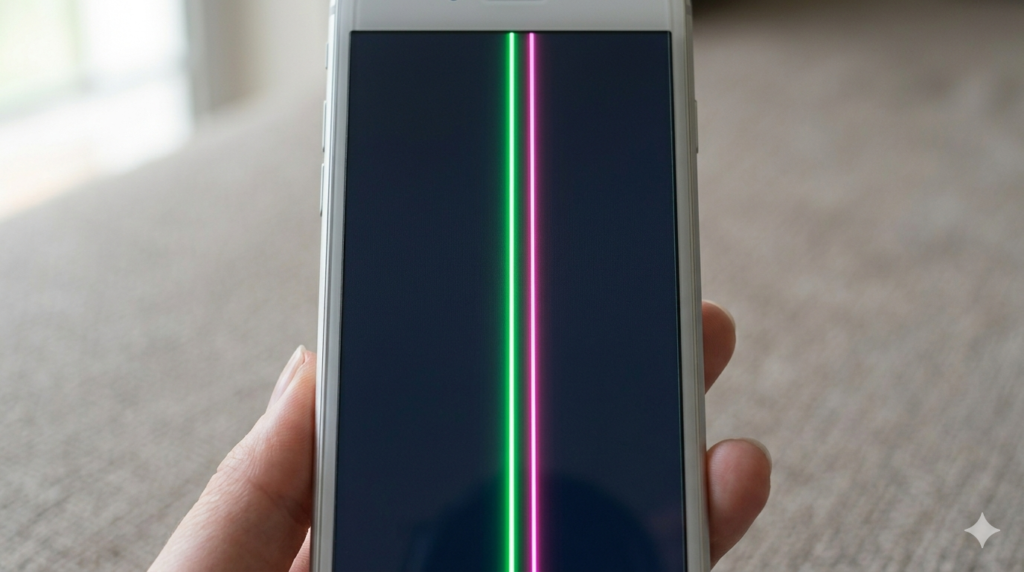 Display de um smartphone com o bug das linhas verde e rosa. (Foto: Gemini)